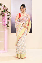 Piyari Fashion Women's White Embellished Cotton Blend Printed Saree | Grocsy
