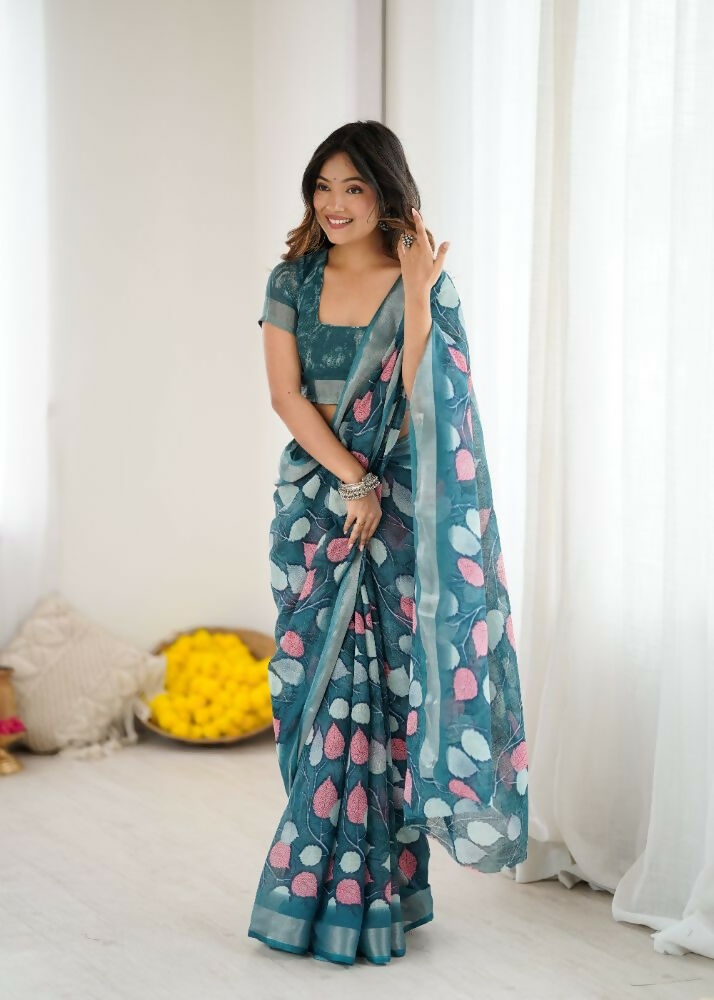 PR Fashion Morpich Linen Patta Printed Saree | Grocsy