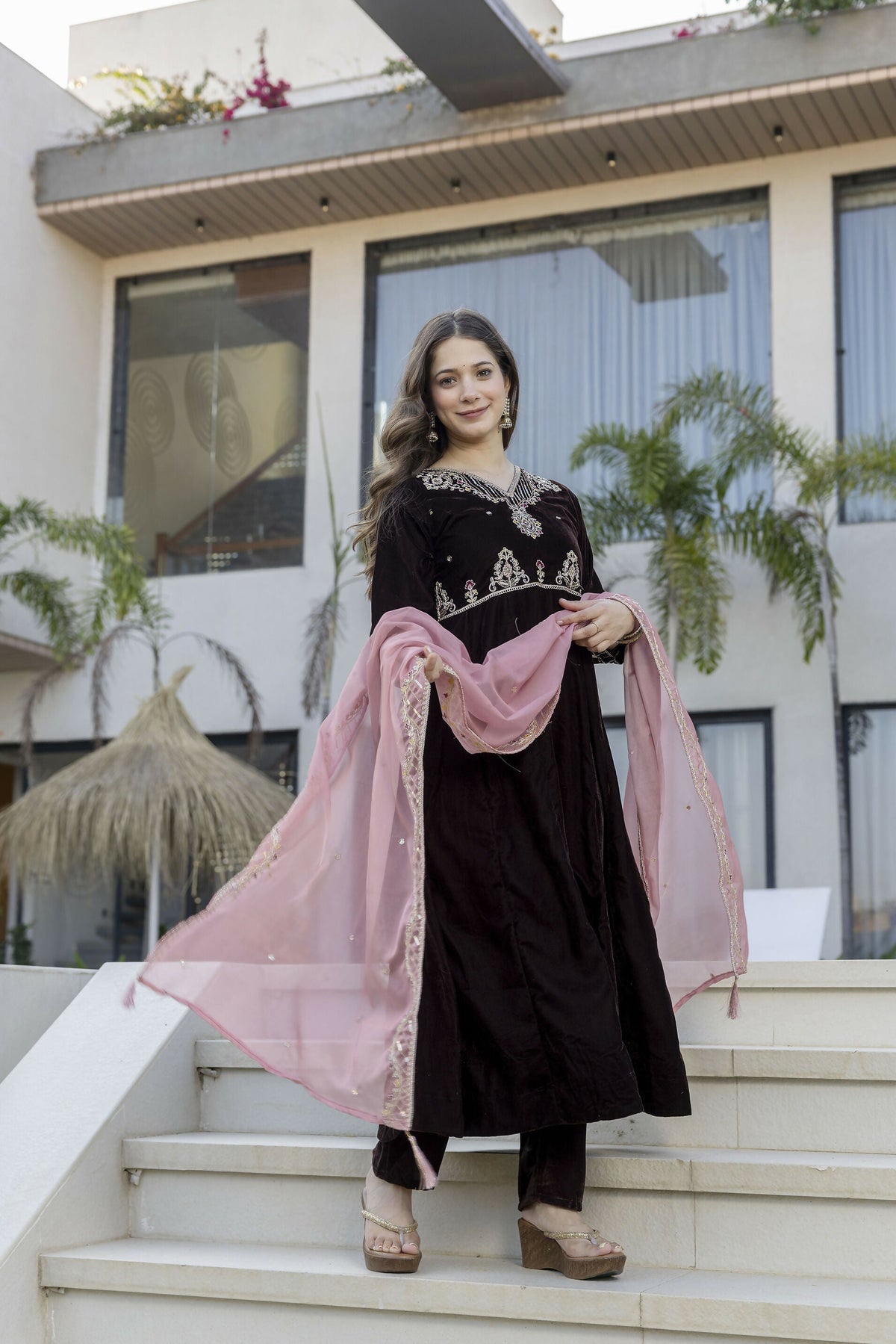 The52 Women's Beautiful Velvet Fabric Embroidery Work Flared Anarkali Pant and Dupatta Set | Grocsy
