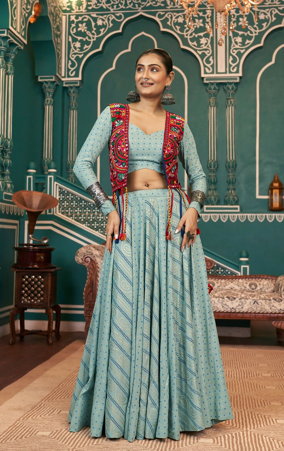 AI Fashion Pista Green Viscose Rayon Designer Navratri Lehenga Choli Collection | Grocsy