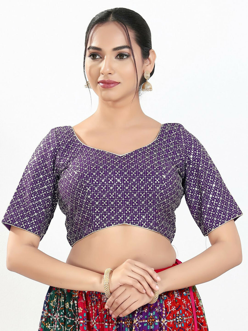 Joban Fashion Brinjal Silk Padded Blouse With Sweetheart Neck Elbow Sleeves | Grocsy
