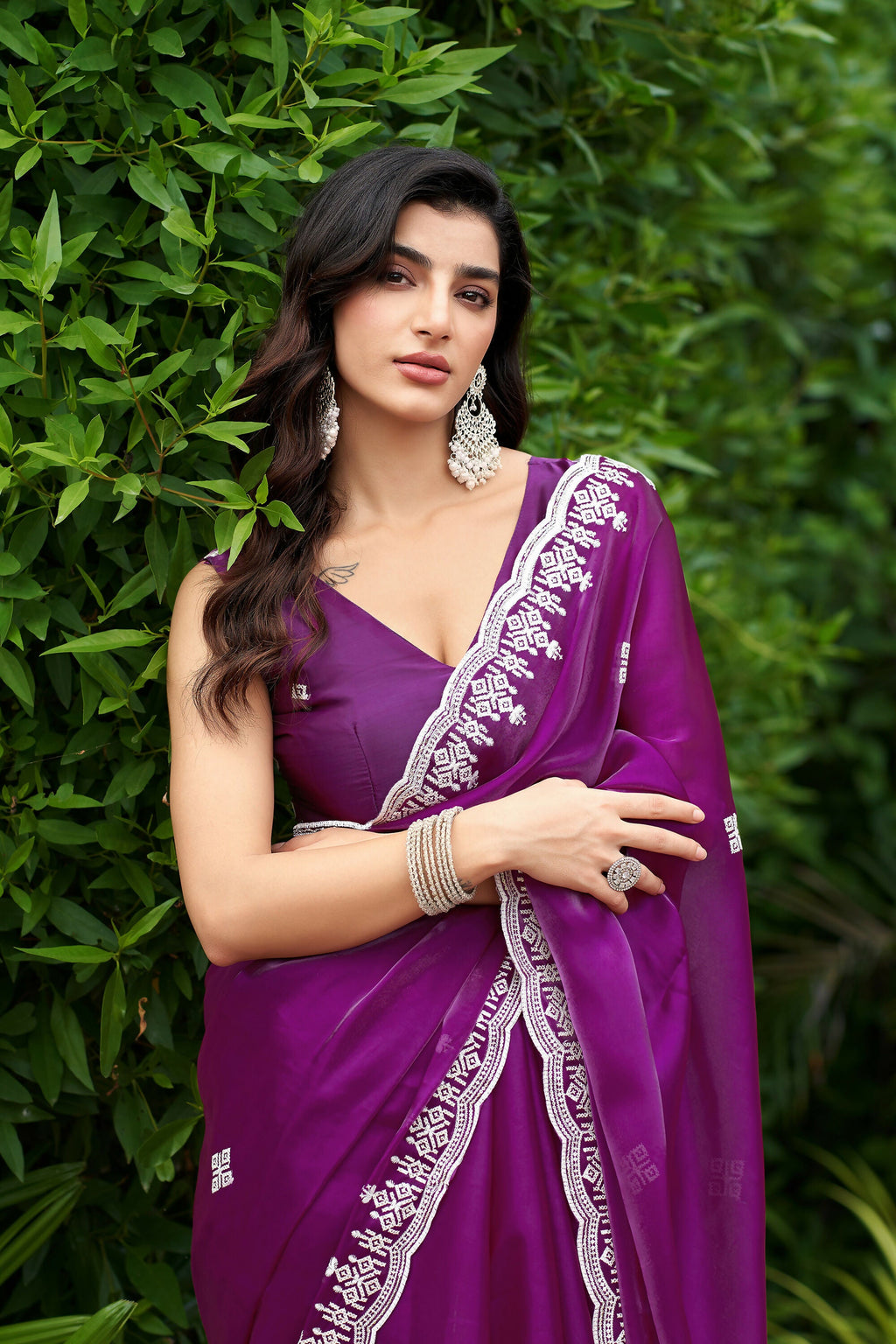 Vastranavya Purple Embroidery Work Shimmer Chiffon Saree with Unstitched Blouse | Grocsy