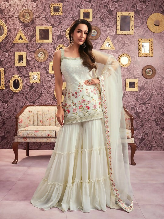 Vastranavya Malaika Arora Cream Georgette Embroidered Sequins Palazzo Suit | Grocsy