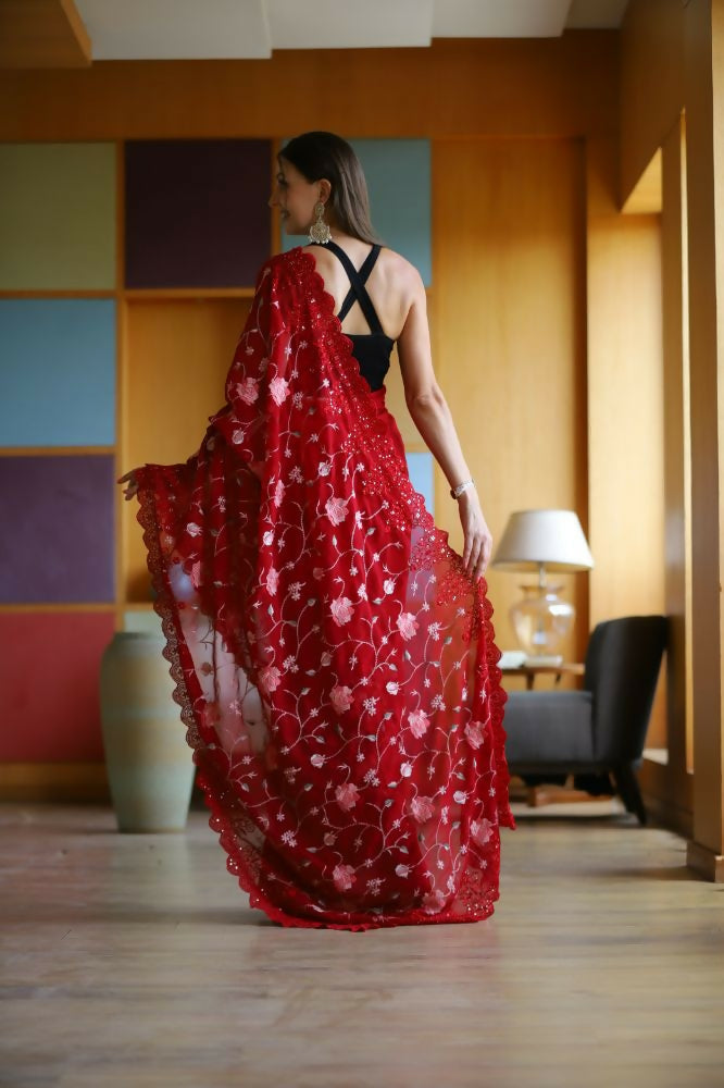 Vamsee Ashi Red Georgette Saree | Grocsy