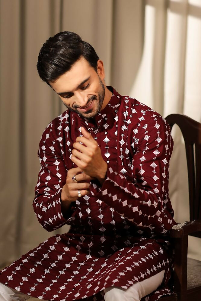 Maroon Viscose Designer Embroidery Work Kurta Set - Mahotsav | Grocsy