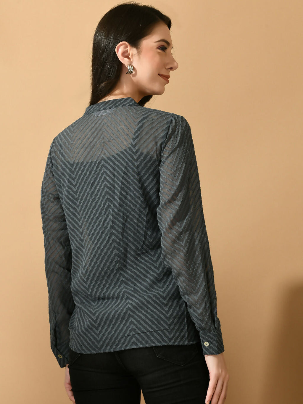 Myshka Women's Grey Georgette Solid Sheer Shirt | Grocsy