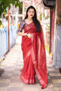 Red Linen Sequence Saree with Unstitched Blouse - Hiral Fashion | Grocsy