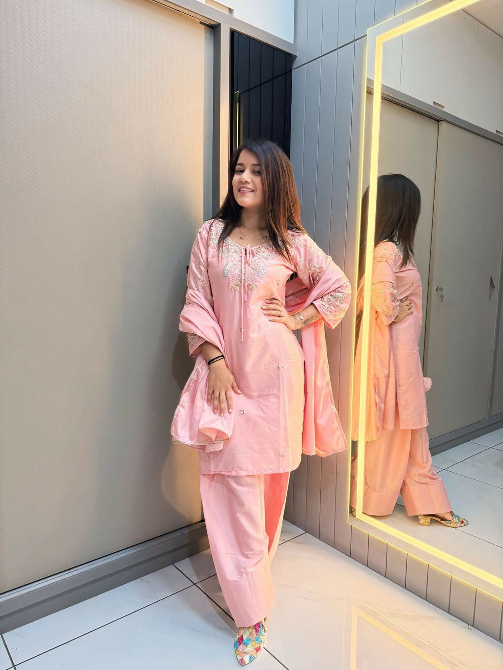 Anaita Peach Crape Readymade Kurti Set with Beads Sequence Work | Grocsy