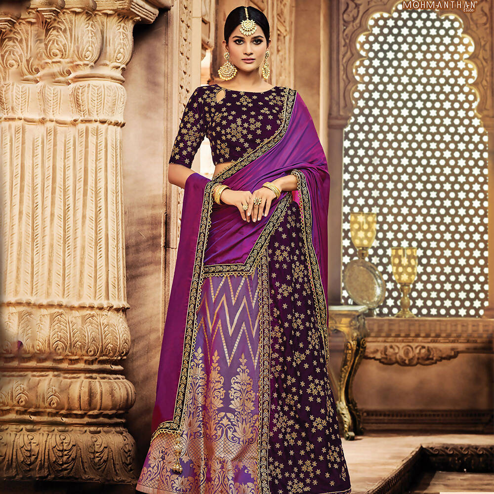 Purple Jacquard Silk, Velvet Zari Embroidery Semi-Stitched Lehenga Saree - Mohmanthan Dezzy | Grocsy
