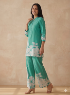 Teeya Creation Stylish Teal Casual Co-ord Set with Floral Print | Grocsy