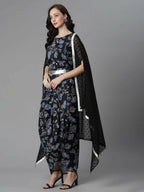 Ahalyaa Women's Black Color Crepe Digital Print Top Skirt With Shrug | Grocsy