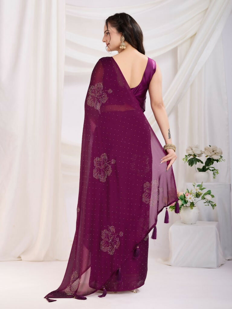 Purple Rangoli Silk Diamond Work Ready To Wear Saree - Tamana | Grocsy