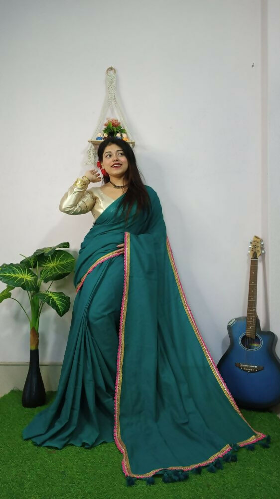Exclusive Collection Beautiful Khadi Cotton Handloom Saree With Beautiful Zari Border - Green | Grocsy