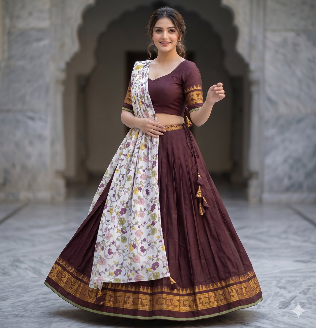 Teeya Creation Womens New Trendy Brown Traditional Pleated Lehenga Choli Set with Floral Printed Dupatta and Contrast Zari Border Set | Grocsy