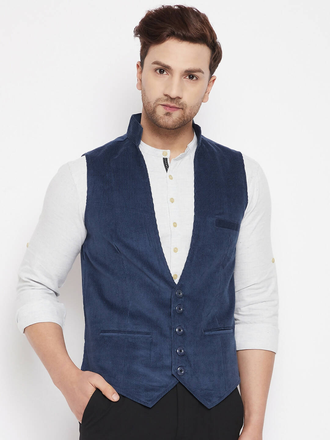 Even Apparels Blue Merino Men Woven Nehru Jacket | Grocsy