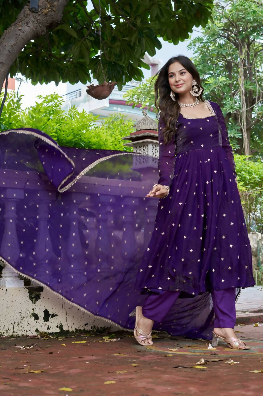 Lehenga Mart Designer Anarkali Suit With Kurta, Pant, Dupatta For Women-Violet | Grocsy