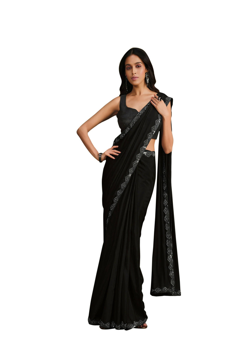 Black Crepe Silk Sequence Embroidered & Stone Work With Sequence Work Jacket Saree With Stitched Blouse - Mohmanthan La Belle | Grocsy