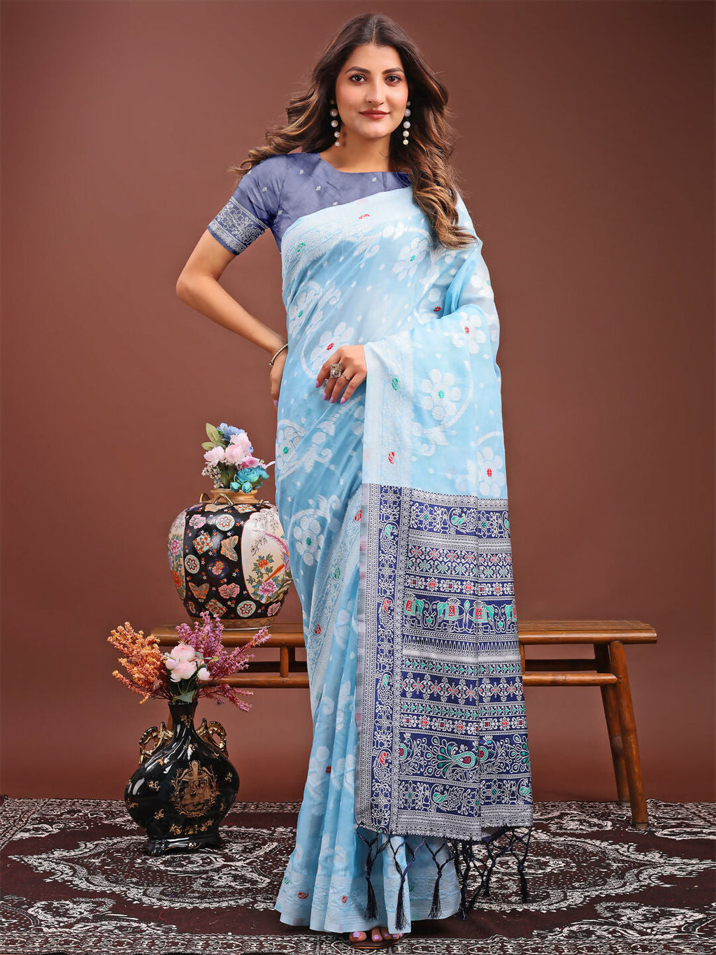 Shree Shyam Fashion Anaya Sky Blue Linen Cotton Saree | Grocsy