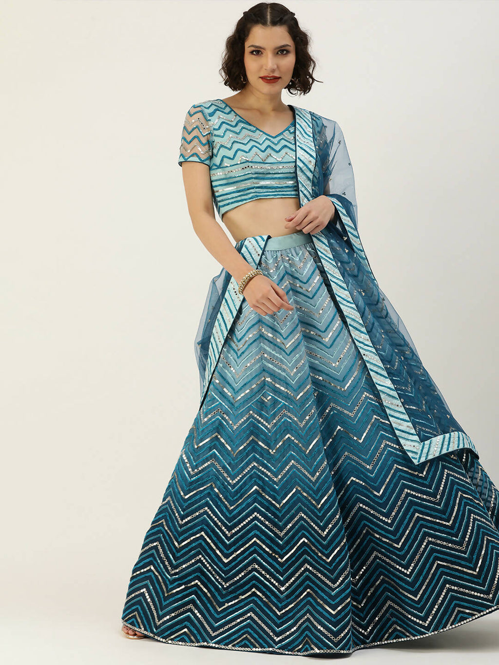 House of Panchhi Women Teal shading Net Mirror Embroidered Lehenga & Blouse with Dupatta | Grocsy