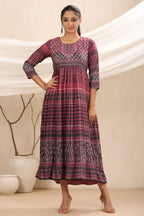 Juniper Purple muslin maxi dress with ethnic motif print with sequins & beads work | Grocsy