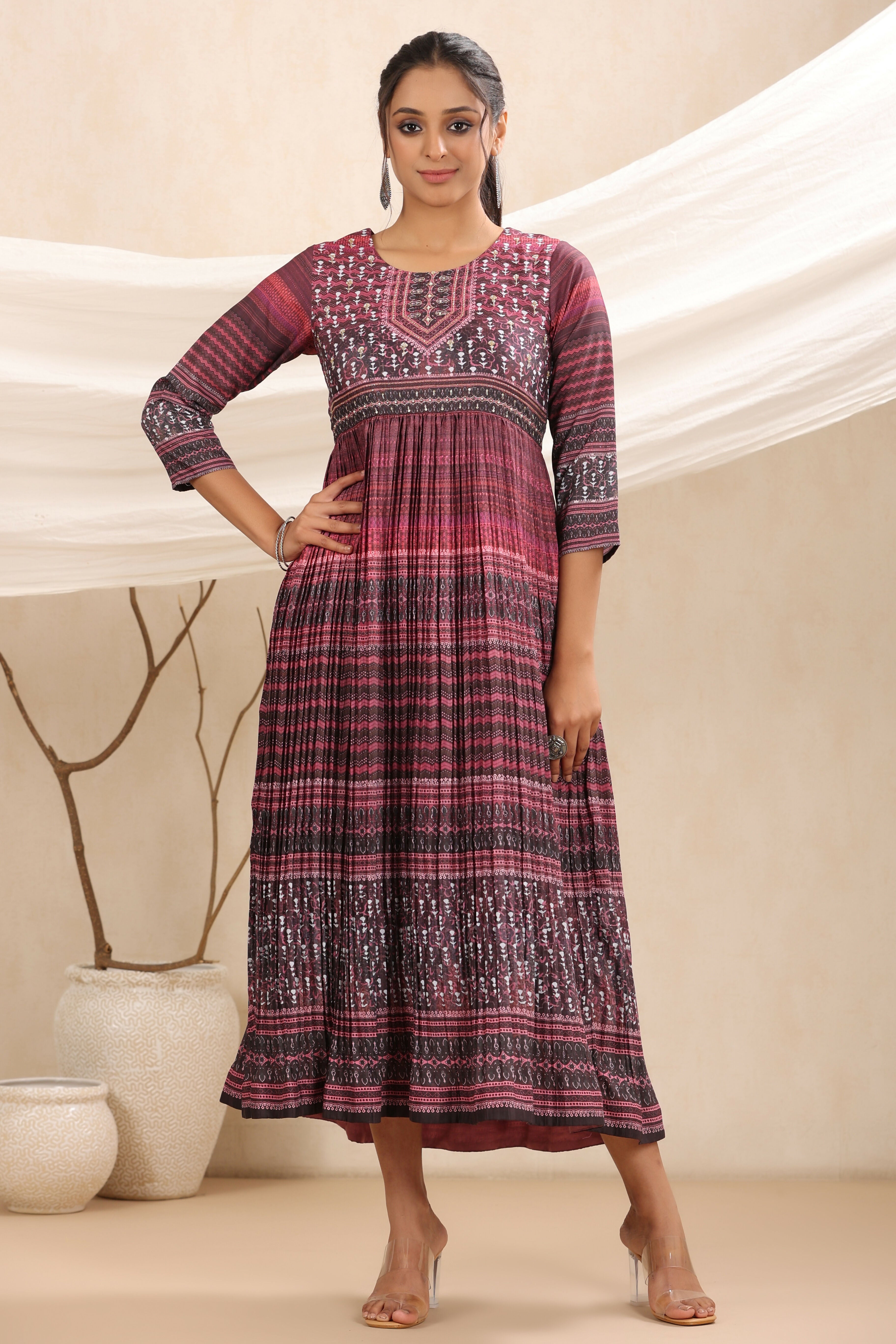Juniper Purple muslin maxi dress with ethnic motif print with sequins & beads work | Grocsy