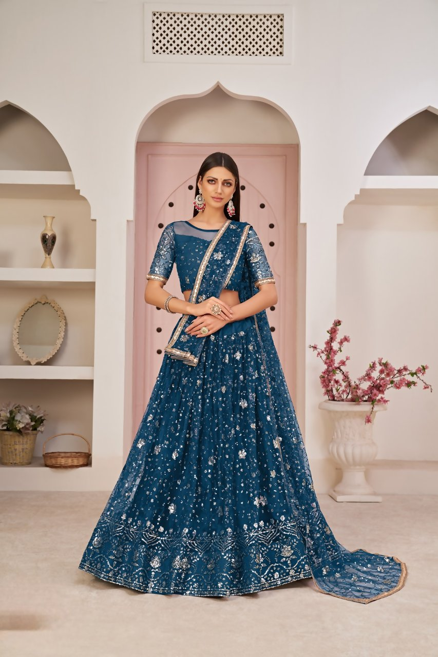 Eilara Blue Net Thread With Zari Sandwich Sequins Embroidered Work Lehenga Choli | Grocsy