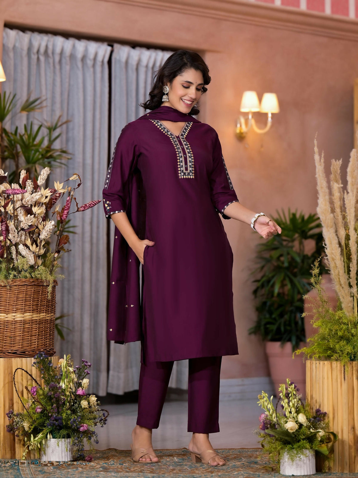 Juniper Women's Wine Thread Embroidered Viscose Kurta Pant And Dupatta Set With Sequins Work & Zari Work | Grocsy