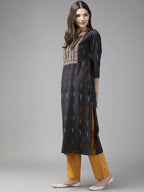 Yufta Black Pure Cotton Ikat Design Kurta with Palazzo & Dupatta | Grocsy