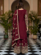 Teeya Creation Maroon Chinon Silk Designer Wedding Wear Embroidery Work Palazzo | Grocsy