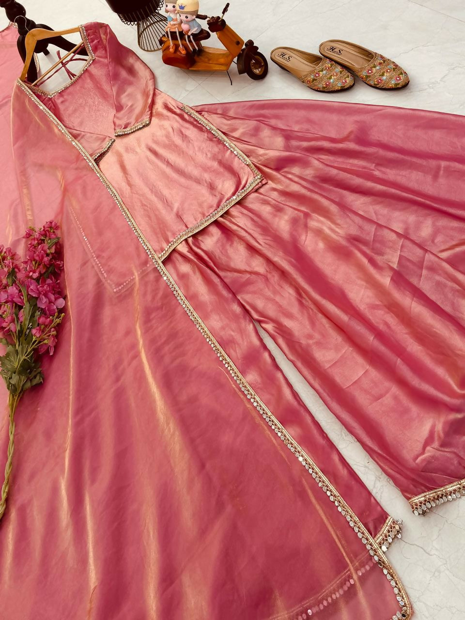 Teeya Creation Womens New Trending Less and Mirror Work Kurta Palazzo Set - Peach | Grocsy