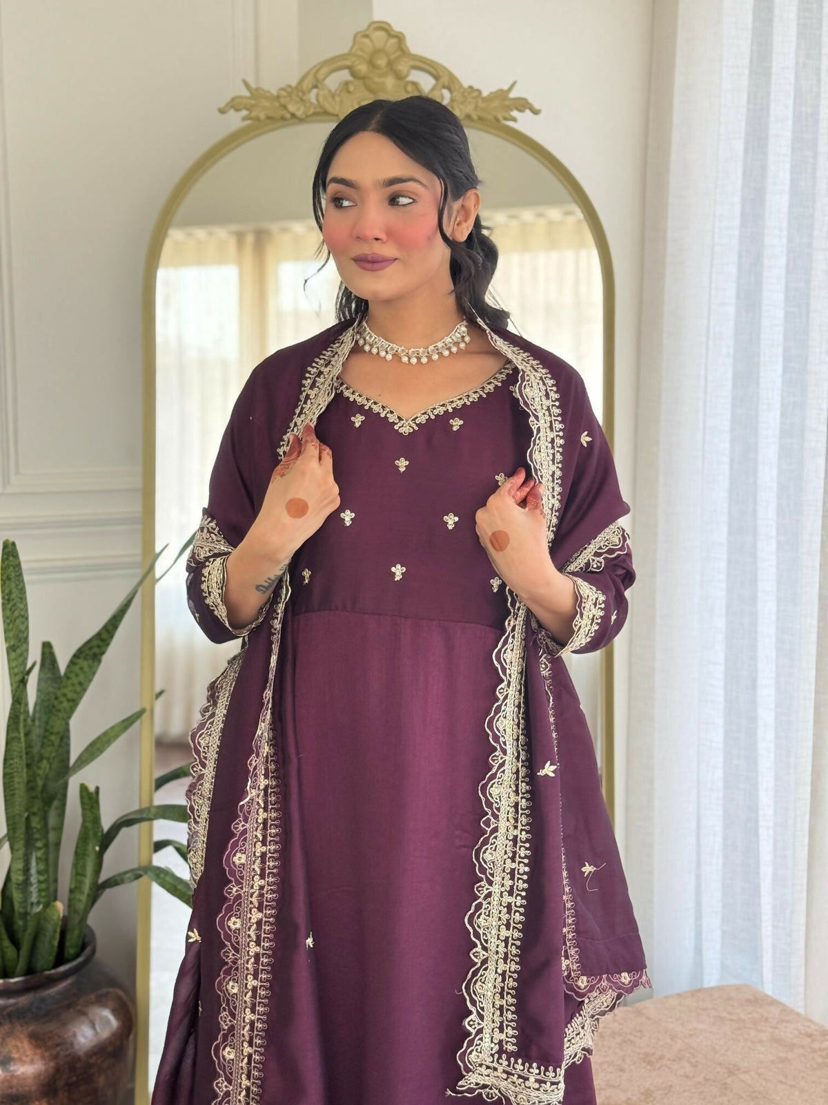 The52 Wine Women's Gorgeous Vichitra Silk Fabric Embroidered Work Flared Anarkali Pant and Dupatta Set | Grocsy