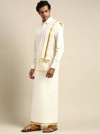 Ramraj Cotton Premium Wedding Cream Regular Dhoti, Shirt & Towel Set Golden Reward | Grocsy