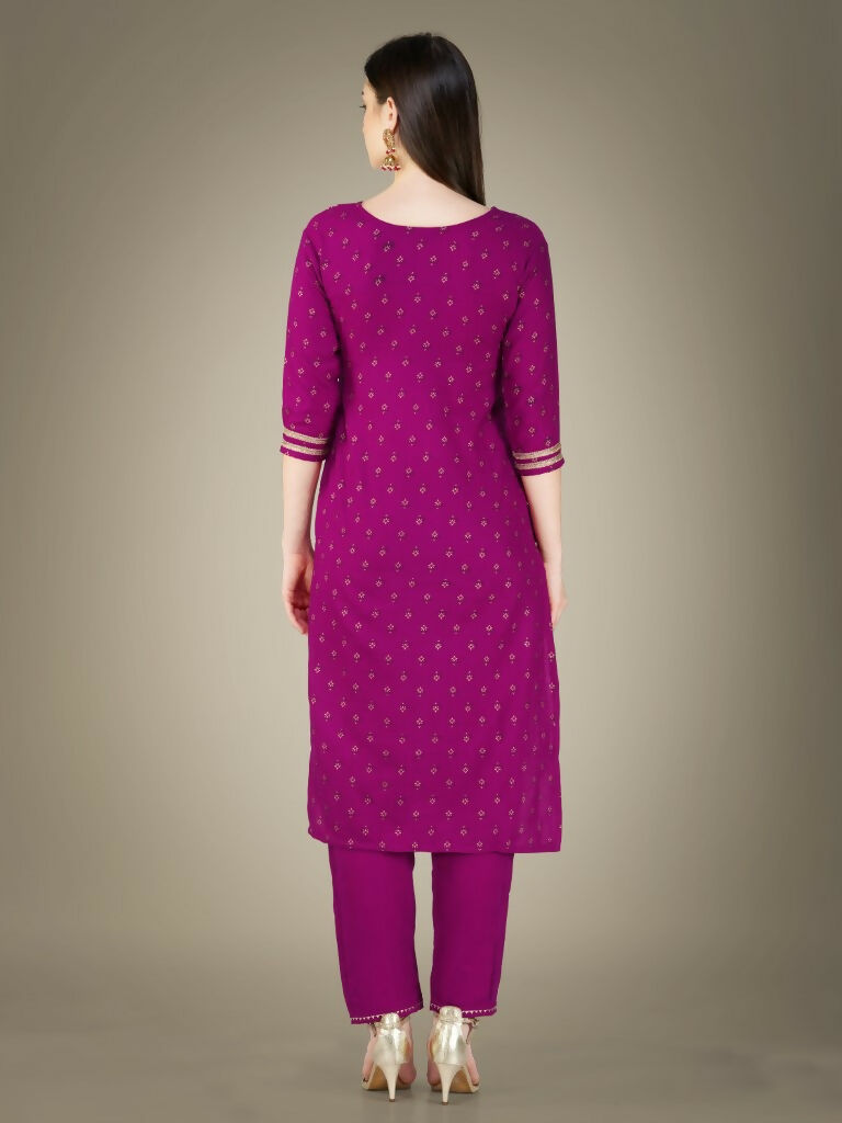 Jyoti Fashion Women's Purple Cotton Magic Slub Embroidery & Sequence work Kurta with Trouser & Dupatta | Grocsy