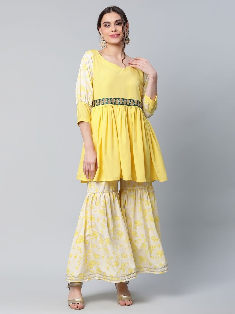 Ahalyaa Women Yellow Crepe Floral Short Kurta with Sharara Set | Grocsy
