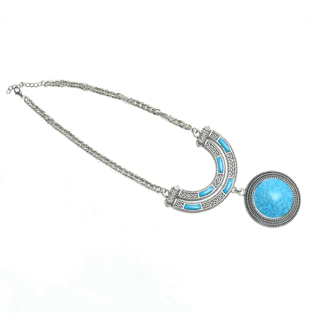 Mominos Fashion Johar Kamal Oxidised Silver-Plated Stone Work Long Necklace Handicraft Sky Blue | Grocsy
