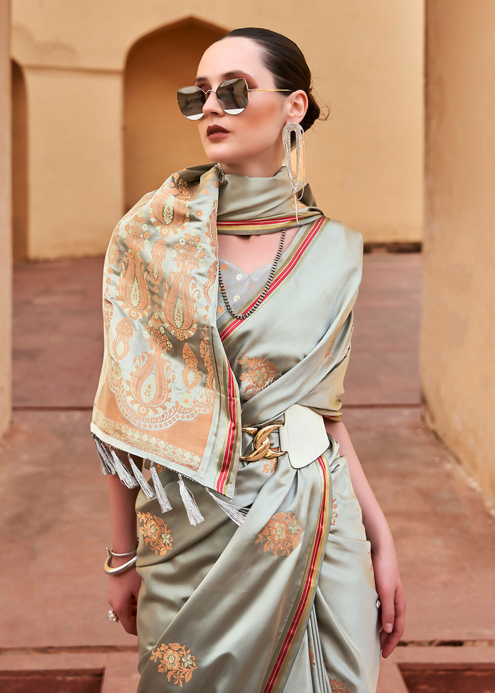 Dusty Grey Pure Satin Zari Weaving Wedding Festive Saree - Emponline | Grocsy