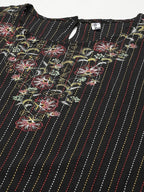 Yufta Women Black Yoke Design Kantha Work Floral Kurta | Grocsy