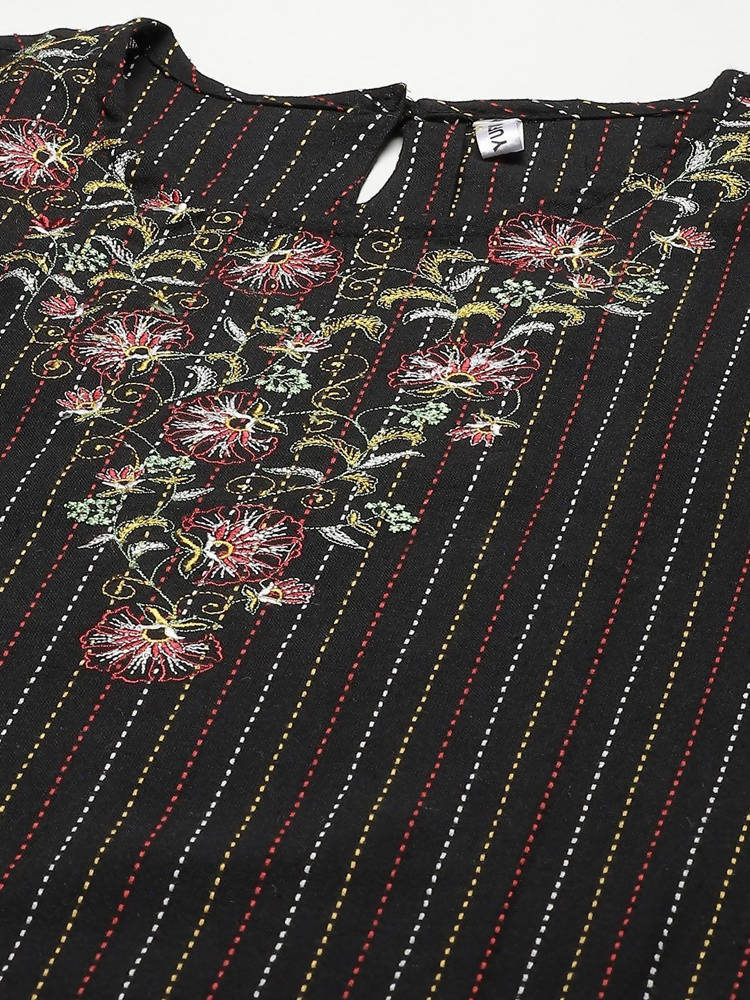 Yufta Women Black Yoke Design Kantha Work Floral Kurta | Grocsy