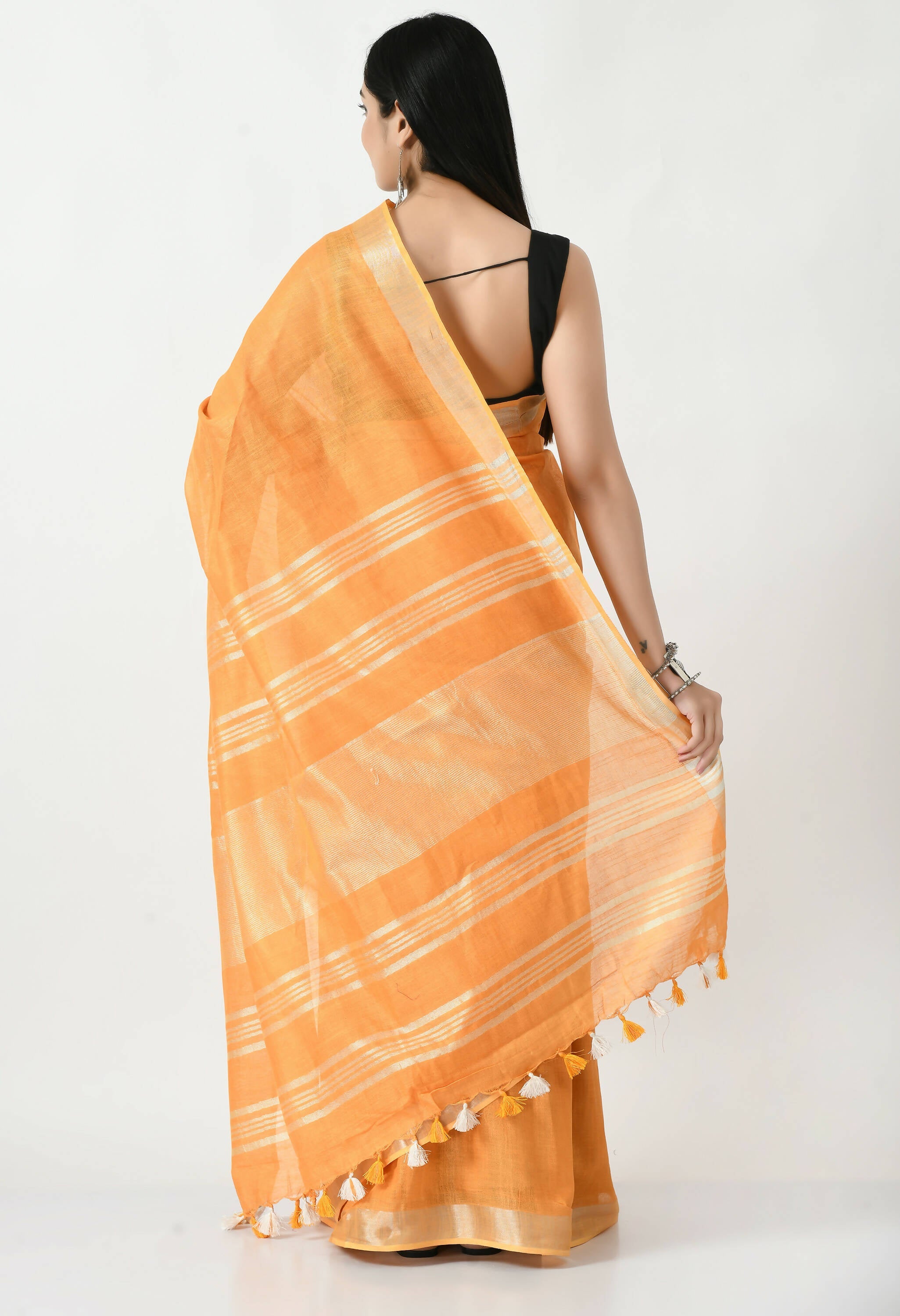 Mominos Fashion Moeza Orange Bhagalpuri Handloom Silk Linen Saree with unstitched Blouse piece | Grocsy
