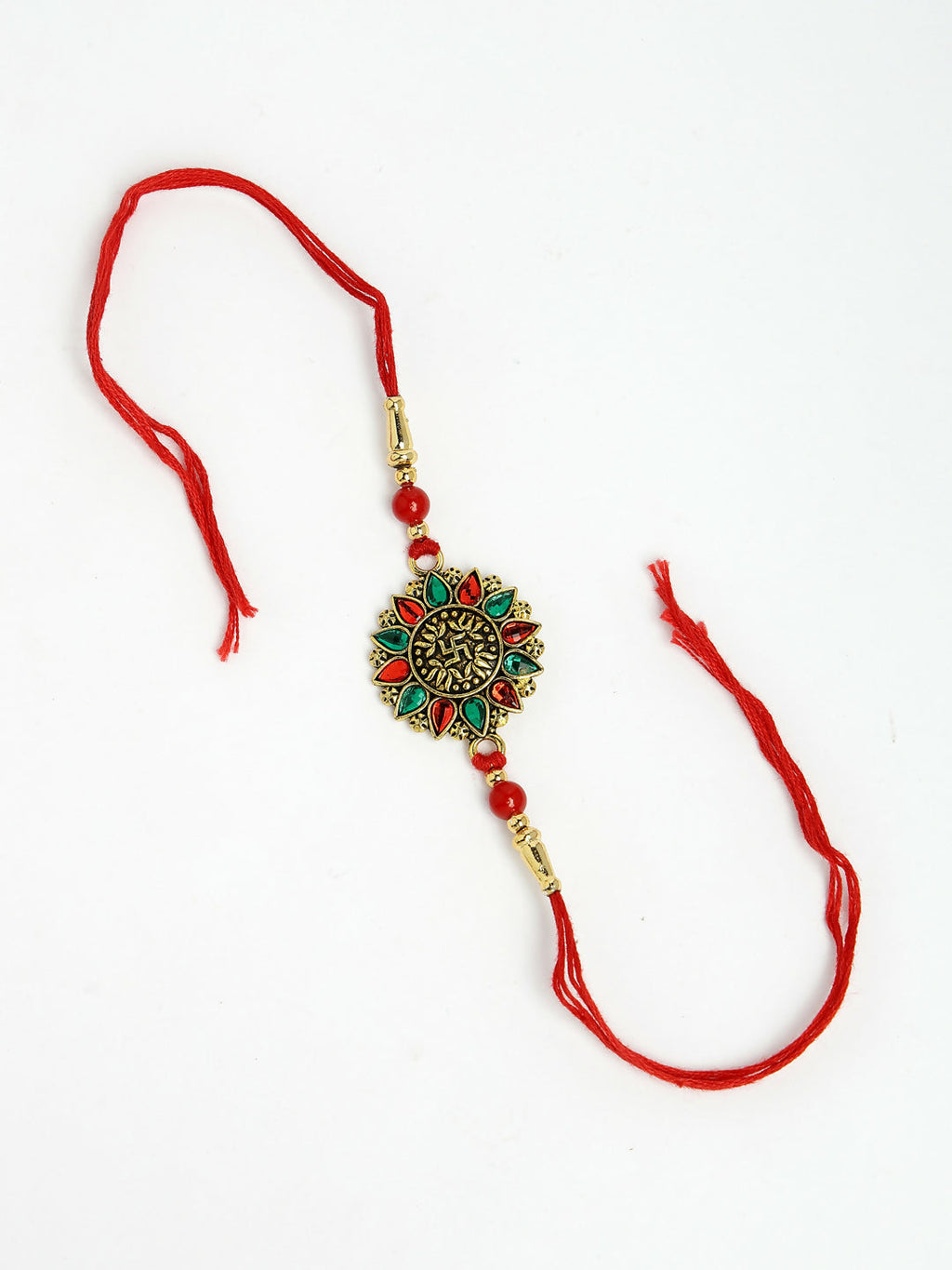NVR Men Red & Gold-Toned Stone-Studded Rakhi With Roli Chawal & Chocolate | Grocsy