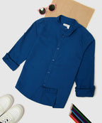 Manet Boys Mandarin Collar Full Sleeves Solid Shirt -Blue | Grocsy