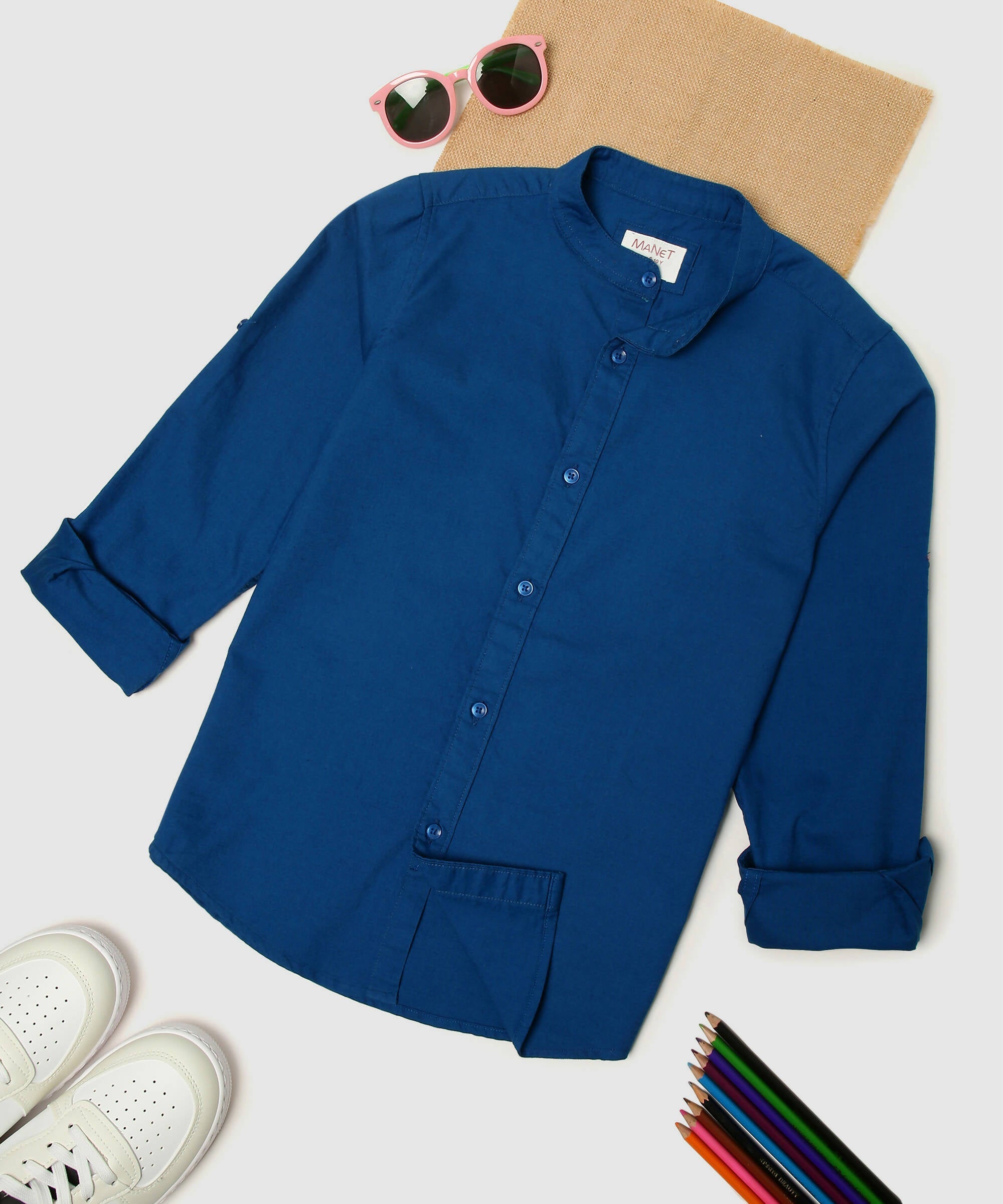 Manet Boys Mandarin Collar Full Sleeves Solid Shirt -Blue | Grocsy