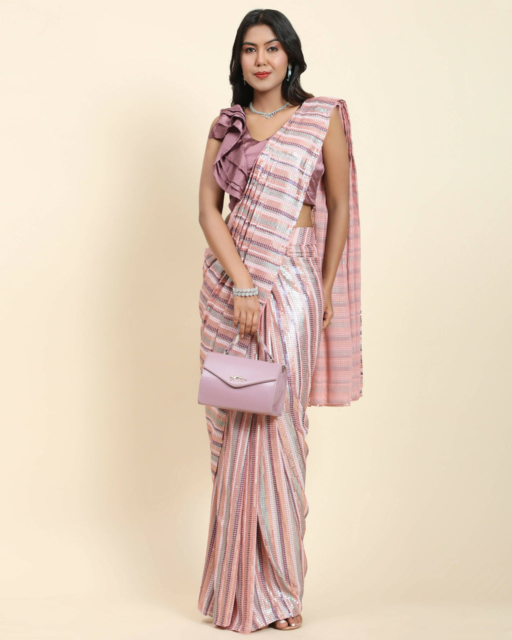 Pink Pure Georgette Sequence work Ready to wear Saree with stitched Blouse - Satiksha | Grocsy
