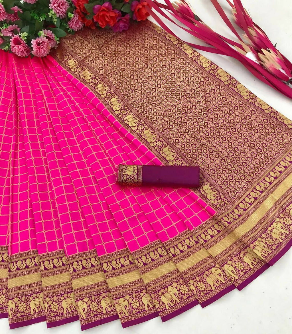 DEIANA'S Beautiful Designer Golden zari Soft Lichi Silk Saree - Pink | Grocsy