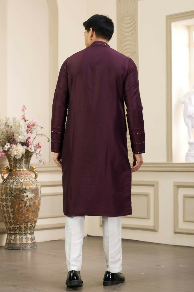 Raivat Ethnic Banarasi Art Silk Thread and Mirror Work Kurta Pajama In Wine Colour | Grocsy