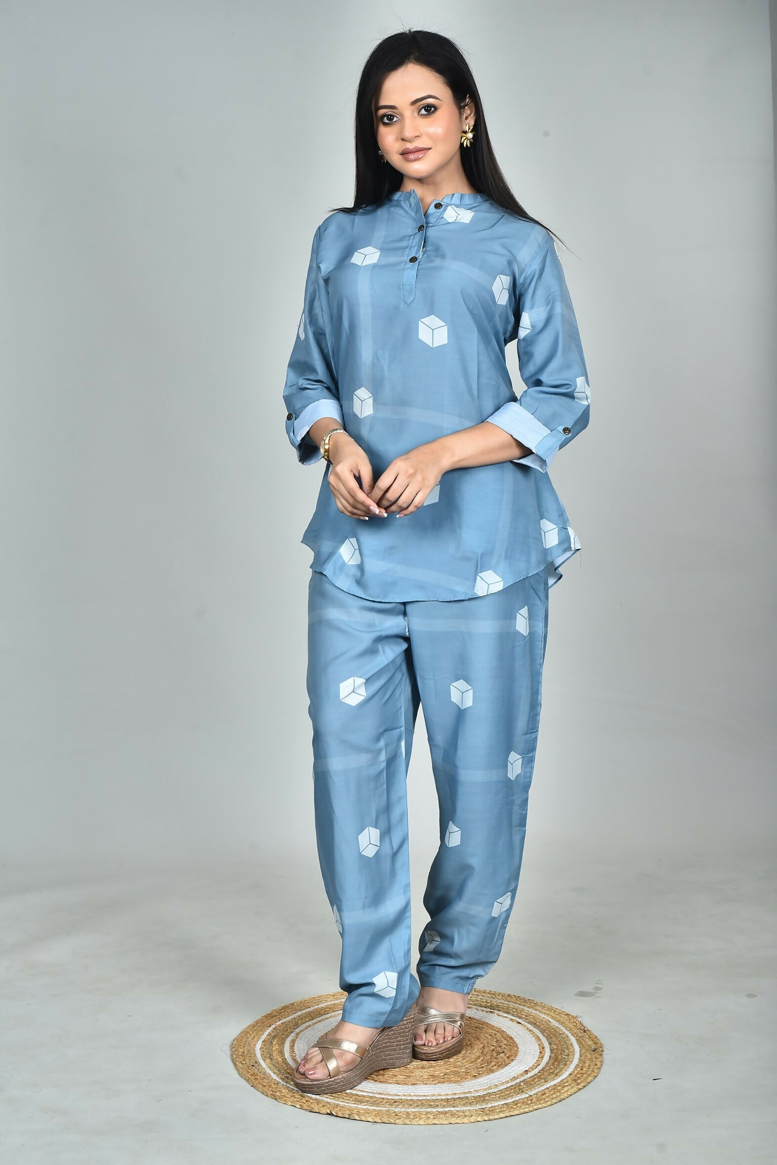 Morchari Digital Print Semi Muslin Co-Ord Set Top & Trouser-Multicolor | Grocsy