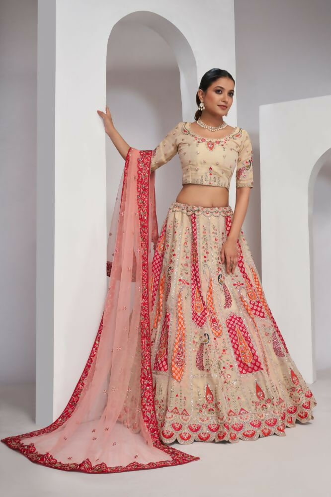 Kesar Fab Chiku Silk Embroidered Lehenga | Grocsy