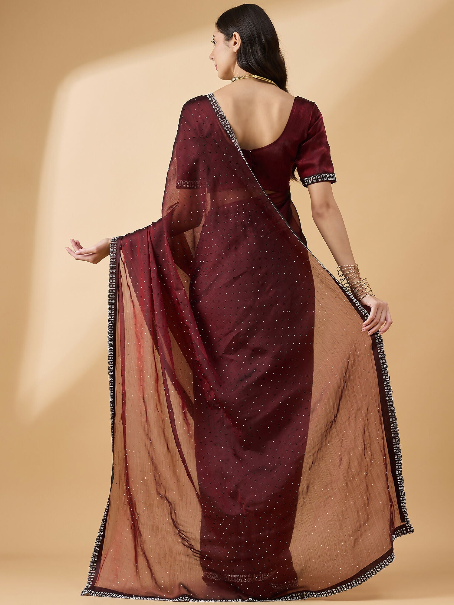 Brown Organza Swaroski Diamond Work Saree with Unstitched Blouse - Radha | Grocsy