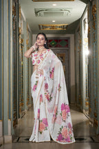 Vastranavya White Spectacular Georgette Printed with Pearl Lace Saree with Unstitched Blouse | Grocsy