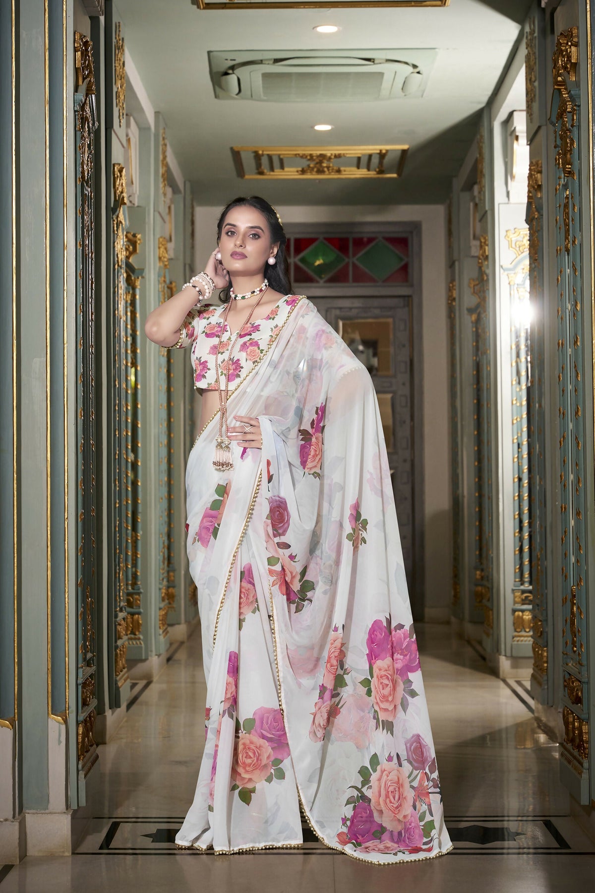 Vastranavya White Spectacular Georgette Printed with Pearl Lace Saree with Unstitched Blouse | Grocsy